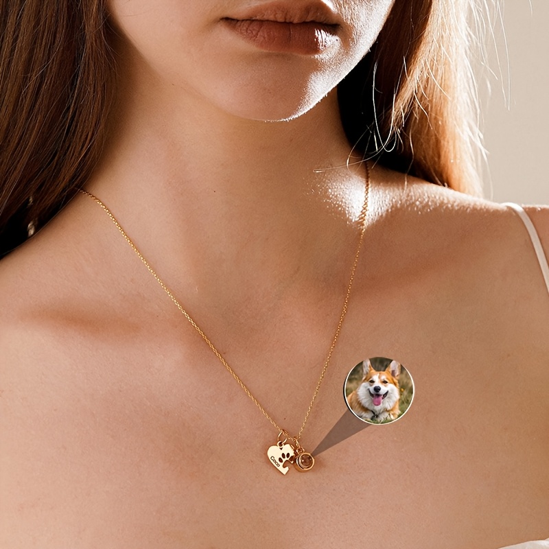 Custom Stainless Steel Heart Shaped Paw Name Projection Necklace